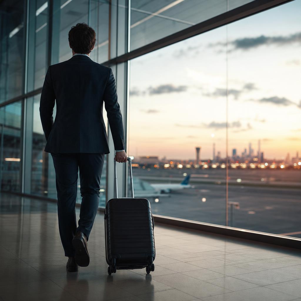 Business traveler with luggage in a modern international airport