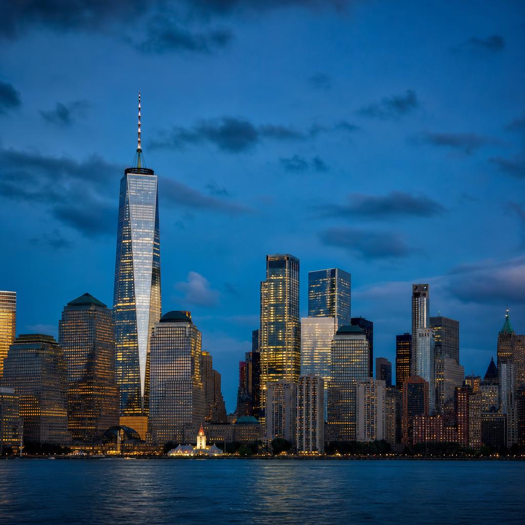 North American city skyline at blue hour